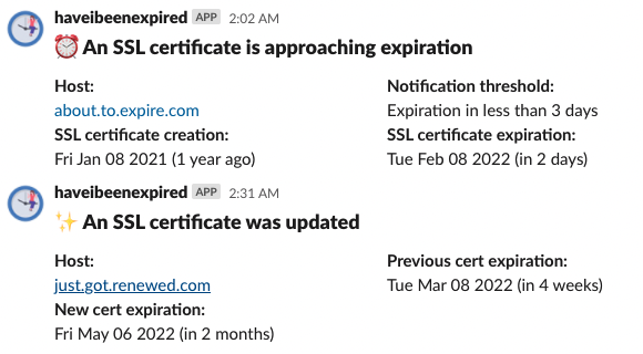 notifications of expiration and renewal